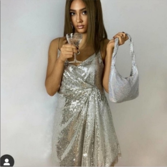 Zara Silver Sequin Faux Wrap Dress medium - Picture 5 of 16